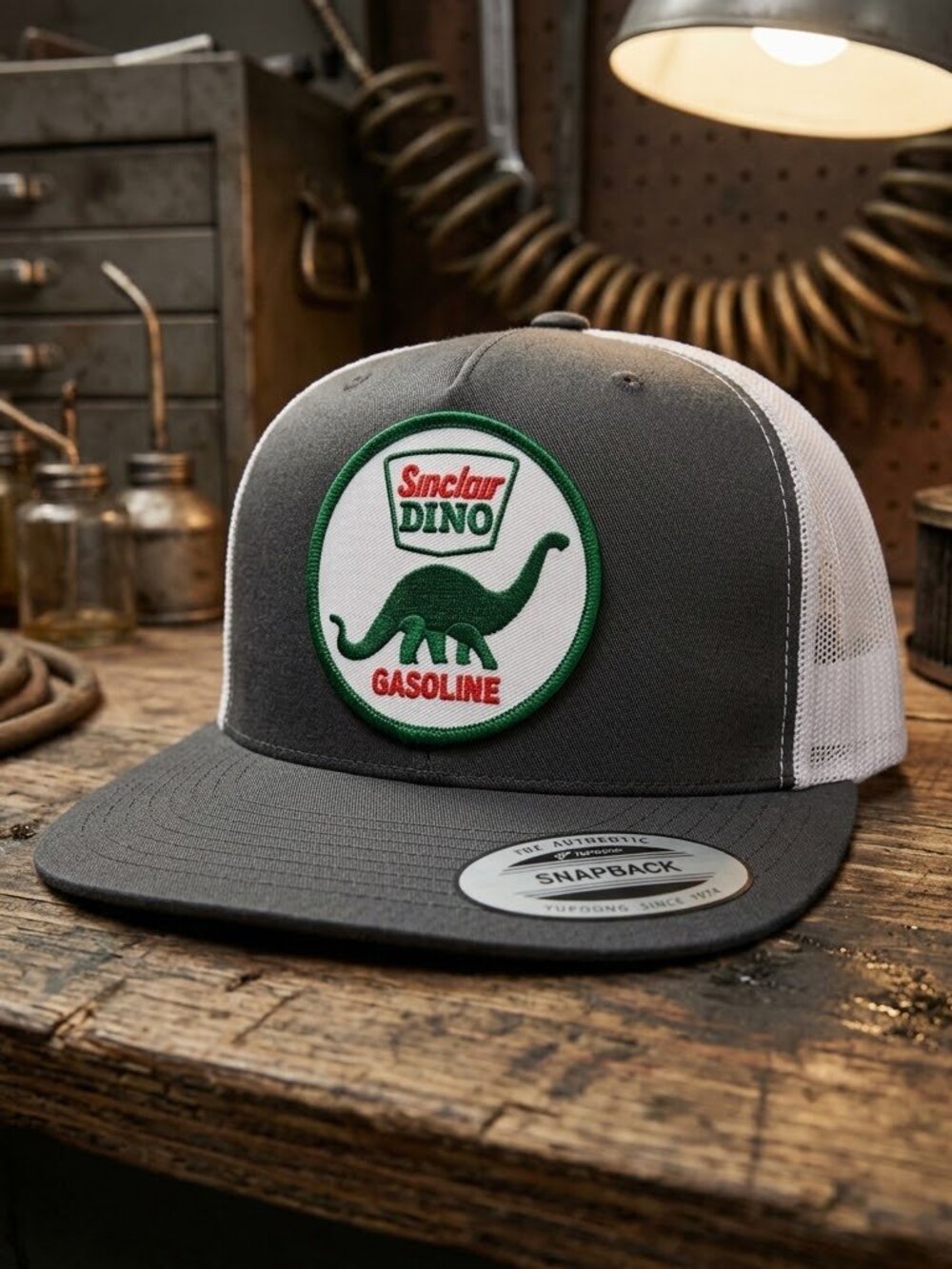 Sinclair Dino Gasoline Patch Grey White Yupoong Flat Bill Snapback Hat Car Guy